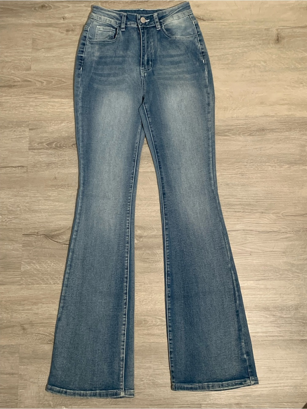 SHEIN Medium Blue Faded Flare Jeans with Rhinestone and Embroidered Back Pockets